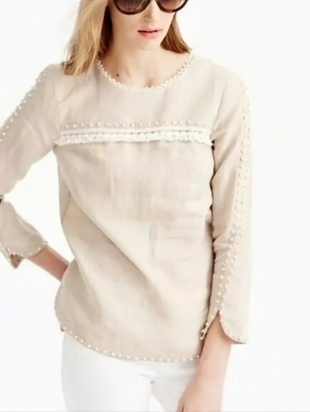 J. Crew Cream Pearl-Trim Long-Sleeve Blouse